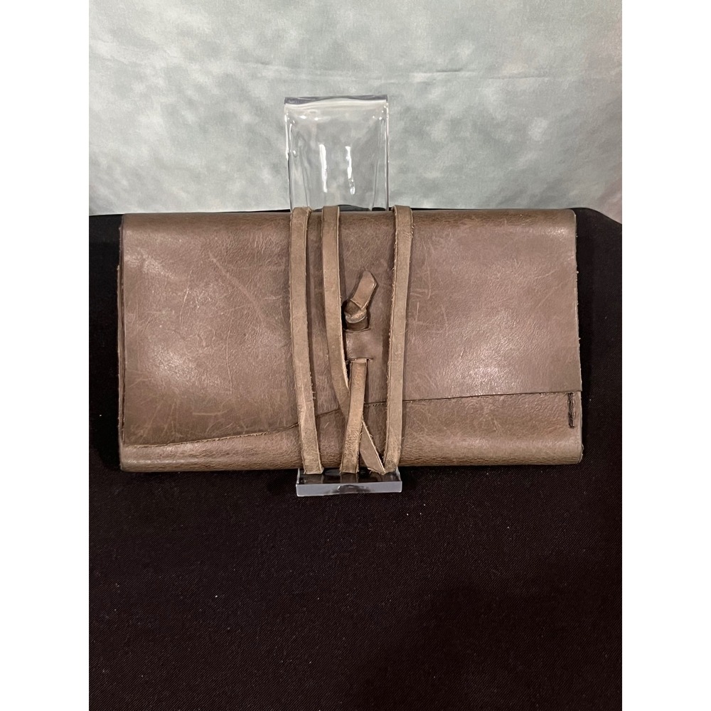 Distressed Taupe Grey Leather Wrap Trifold Wallet with Cord Tie Closure